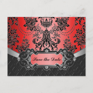 Cartão Postal De Anúncio Maçã Vermelha e Preta Damask Casamento Save the Da