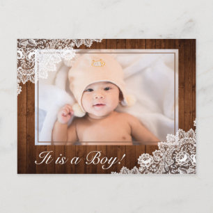 Cartão Postal De Anúncio Madeira Rústica e Renda Branca para Bebê Menino Re
