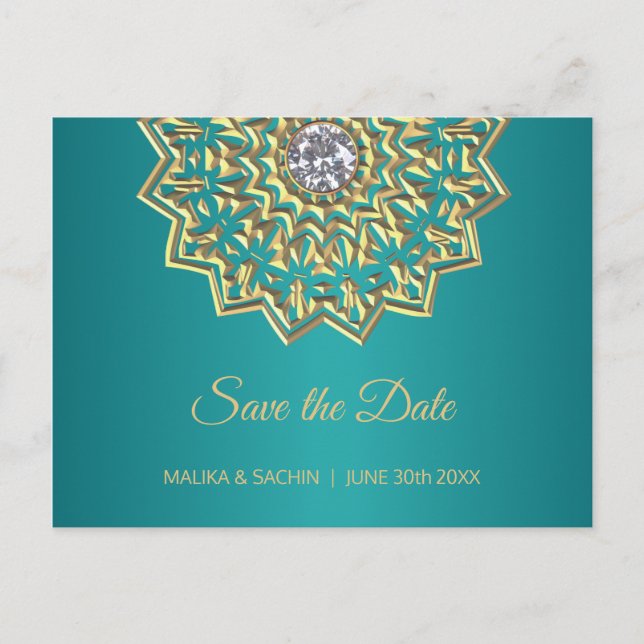 Cartão Postal De Anúncio Mandala Indian Teal Blue Weding SAVE DATA (Frente)