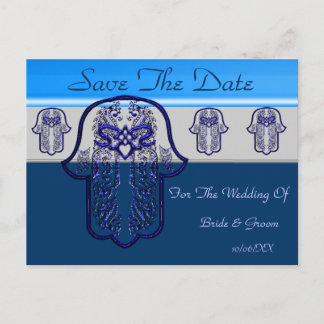 Cartão Postal De Anúncio Mão de Hamsa com: Coração (Casamento) (Azul)