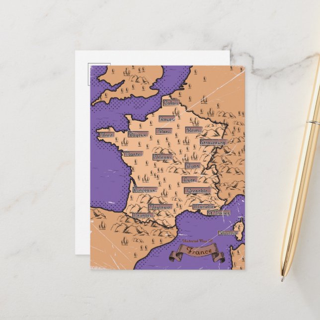 Cartão Postal De Anúncio Mapa Antigo da França (Frente/Verso In Situ)