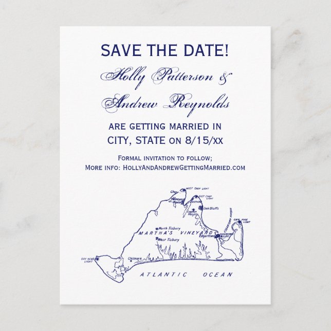Cartão Postal De Anúncio Mapa Antigo de Martha's Vineyard #1 Azul Marinho (Frente)