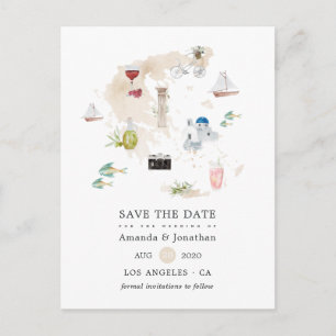 Cartão Postal De Anúncio Mapa de aquarela do casamento de destino na Grécia