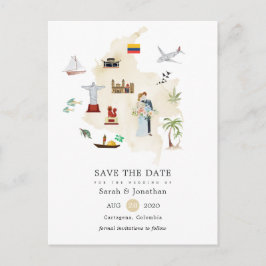 Cartão Postal De Anúncio Mapa de aquarela do casamento no destino da Colômb