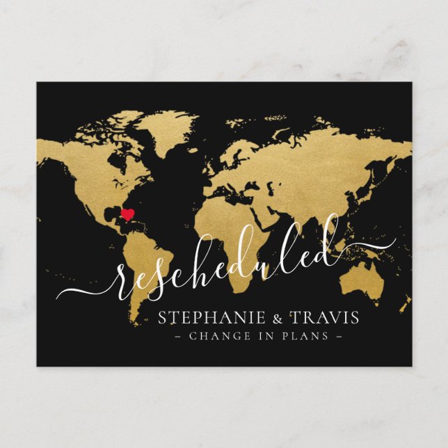 Cartão Postal De Anúncio Mapa de Casamento de Destino Adiado Reagendado (Frente)
