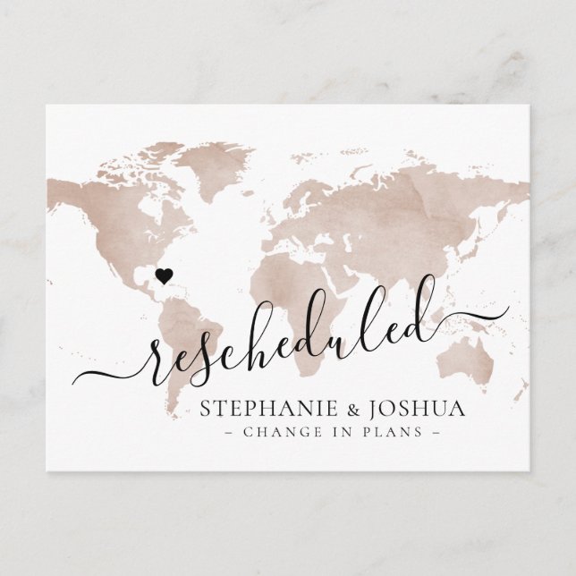 Cartão Postal De Anúncio Mapa de Casamento de Destino Reagendado (Frente)
