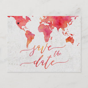 Cartão Postal De Anúncio Mapa Mundi em Aquarela Coral Casamento Salvar a Da