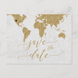 Cartão Postal De Anúncio Mapa Mundial Destino Salvar a Data em Ouro