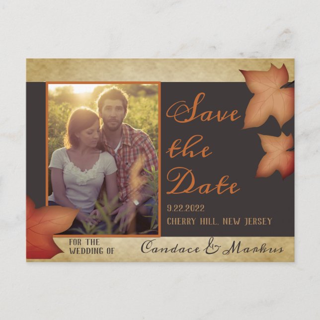 Cartão Postal De Anúncio Mapeamento de outono deixa casamento de madeira sa (Frente)