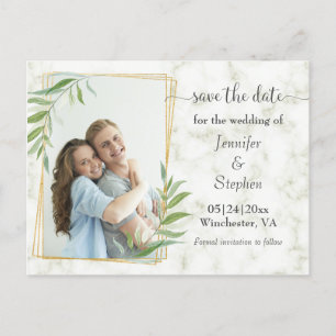 Cartão Postal De Anúncio Marble Dourado Frame Foto Casamento Salve a Data