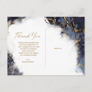 Cartão Postal De Anúncio Marble Glitter Obrigado Marinho Blue Dourado ID644