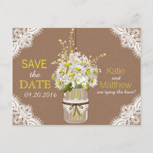 Cartão Postal De Anúncio Margaridas Rústicas e Renda Save the Date