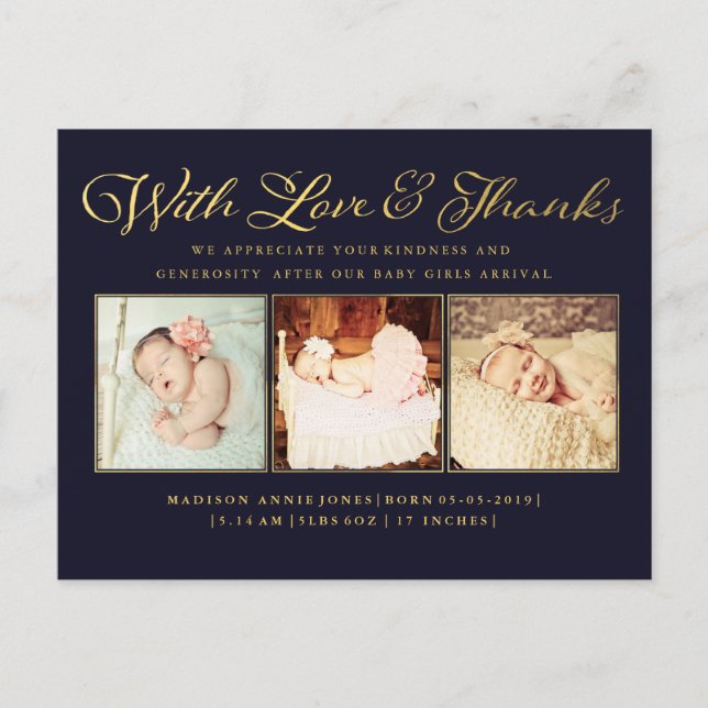 Cartão Postal De Anúncio Marinha Dourado Com Amor e Gratidão Baby Cartão-po (Frente)