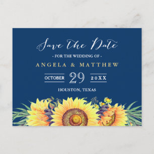 Cartão Postal De Anúncio Marinho Azul Amarelo Girassóis Casamento Salvar a
