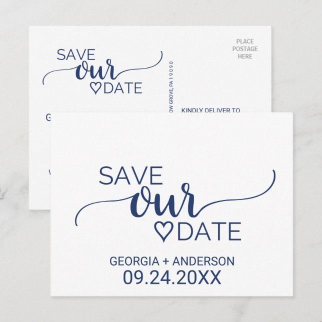 Cartão Postal De Anúncio Marinho Azul Caligrafia Simples Casamento Salva a  (Frente/Verso)
