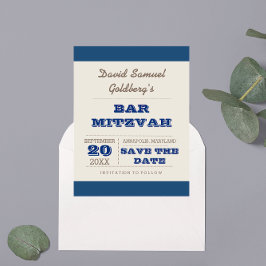 Cartão Postal De Anúncio Marinho Azul e Bar Prateado Mitzvah Salvar a Data
