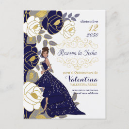 Cartão Postal De Anúncio Marinho Azul Floral Espanhol Quincanera Salvar Dat