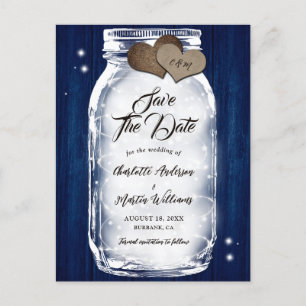 Cartão Postal De Anúncio Marinho Azul Mason Jar Wood String Luzes Casamento