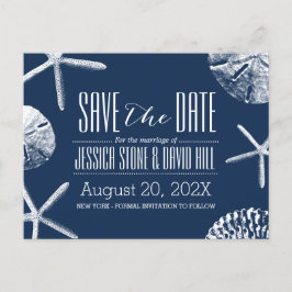 Cartão Postal De Anúncio Marinho Blue Beach Seashells Casando Salve a Data