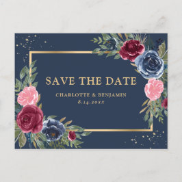Cartão Postal De Anúncio Marinho Blue Burgundy Blush Dourado Floral Salvar