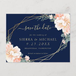 Cartão Postal De Anúncio Marinho Chic Blue Peach Dourado Floral Salvar a Da