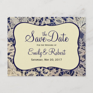 Cartão Postal De Anúncio Marinho de Ivory Casamento Formal Azul Salve a Dat