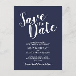 Cartão Postal De Anúncio Marinho de Script Moderno Casamento Azul Salvar a