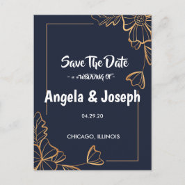 Cartão Postal De Anúncio Marinho e floral dourado Save the Date
