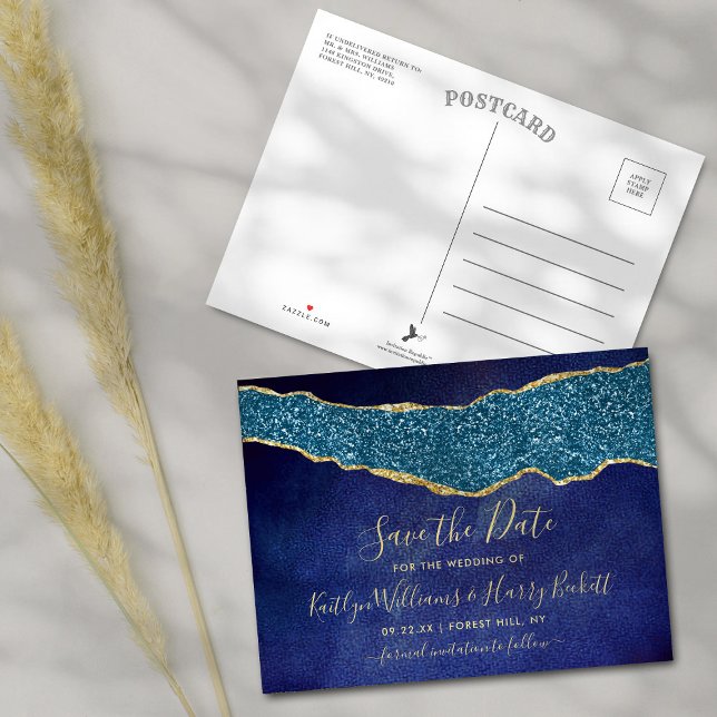 Cartão Postal De Anúncio Marinho Elegante Blue Agate Casamento Salvar a Dat (Criador carregado)