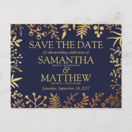 Cartão Postal De Anúncio Marinho Elegante E Casamento Floral Dourado Salve