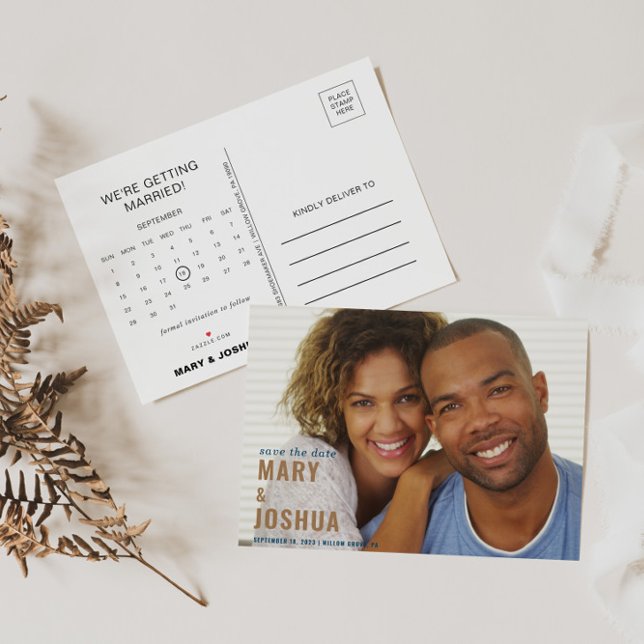 Cartão Postal De Anúncio Marinho Foto Casamento Salvar o Calendário de Data (Criador carregado)
