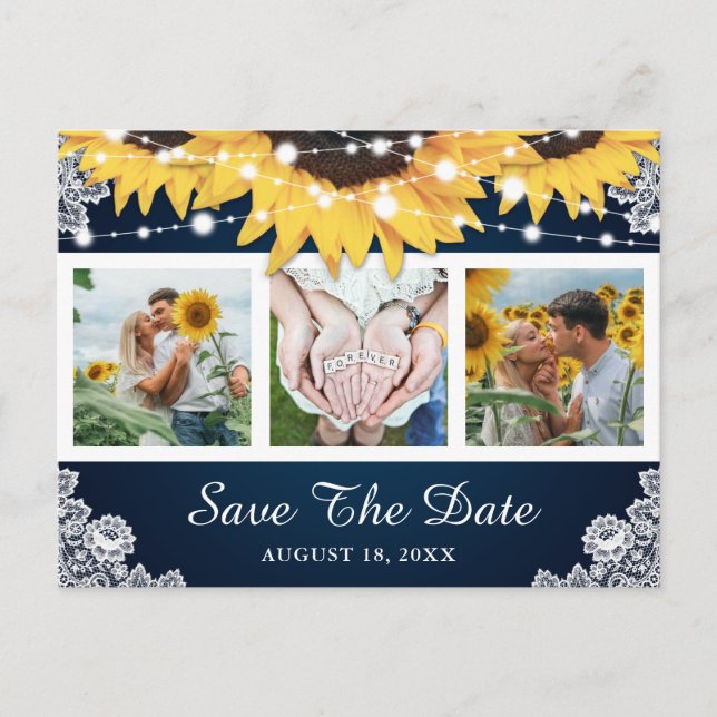 Cartão Postal De Anúncio Marinho Lace Sunflower Foto Para Salvar A Data (Frente)