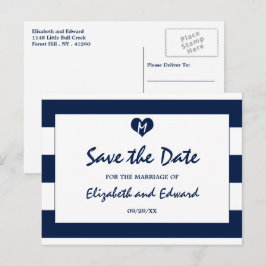 Cartão Postal De Anúncio Marinho moderno e casamento branco salvem a data