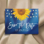 Cartão Postal De Anúncio Marinho Rustic Sunflower Blue Salvar Data<br><div class="desc">Girassóis russos e luzes de cordas Marinho azul Salve os avisos de data.</div>