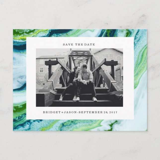 Cartão Postal De Anúncio Mármore Azul Verde Moderno Foto  SALVE A DATA (Frente)