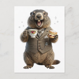 Cartão Postal De Anúncio Marmota Bebendo Chá