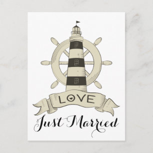 Cartão Postal De Anúncio Marrom Náutico Recém-Casados Farol Roda de Navio