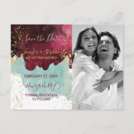 Cartão Postal De Anúncio Marsala Red Teal Watercolor Dourado Splash Datas d