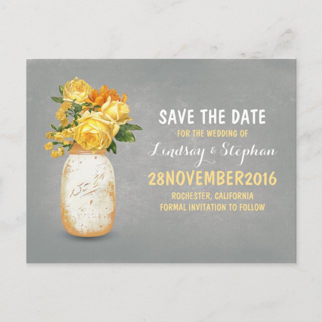 Cartão Postal De Anúncio Mason jar e flores amarelas pintadas salvam a data (Frente)