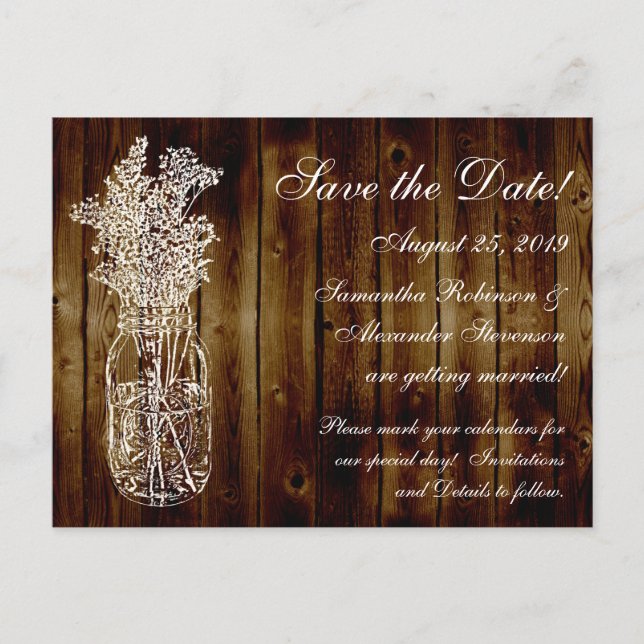 Cartão Postal De Anúncio Mason Jar Stamp/Dark Wood Salvar a Data (Frente)
