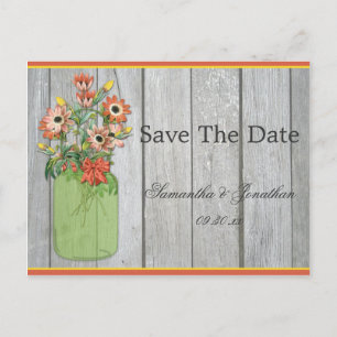 Cartão Postal De Anúncio Mason Jar Wildflower Barn Wood Salvar Data