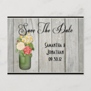 Cartão Postal De Anúncio Mason Jar Wildflower Wooden Conselhos Salvar Data