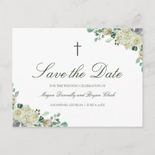 Cartão Postal De Anúncio Megan Christian Cross Rosas Greenery Salvar a Data