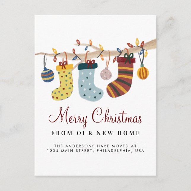 Cartão Postal De Anúncio Meias Feliz Natal Nova Casa Férias Mudança (Frente)