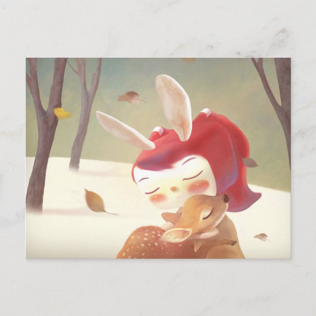 Cartão Postal De Anúncio Menina abraçando cervo (Frente)