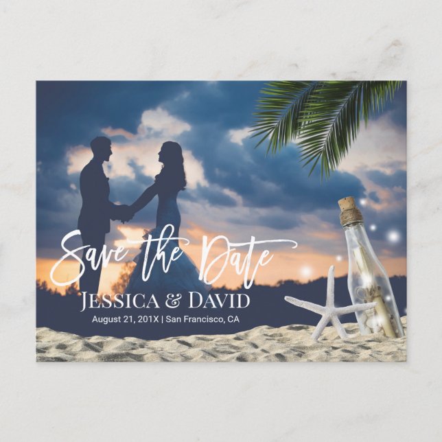 Cartão Postal De Anúncio Mensagem de Casamento na Praia em uma Garrafa Save (Frente)