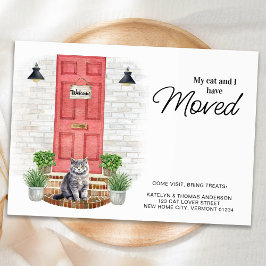 Cartão Postal De Anúncio Meu Gato e eu movemos a porta vermelha frontal se 