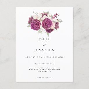 Cartão Postal De Anúncio Micro Wedding Burgundy Floral Salvar A Data