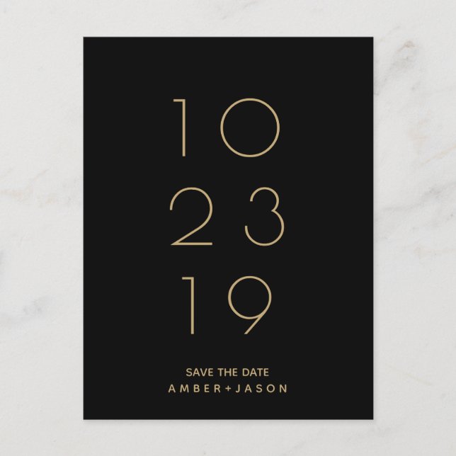 Cartão Postal De Anúncio Minimal preto e dourado moderno Save the Date (Frente)