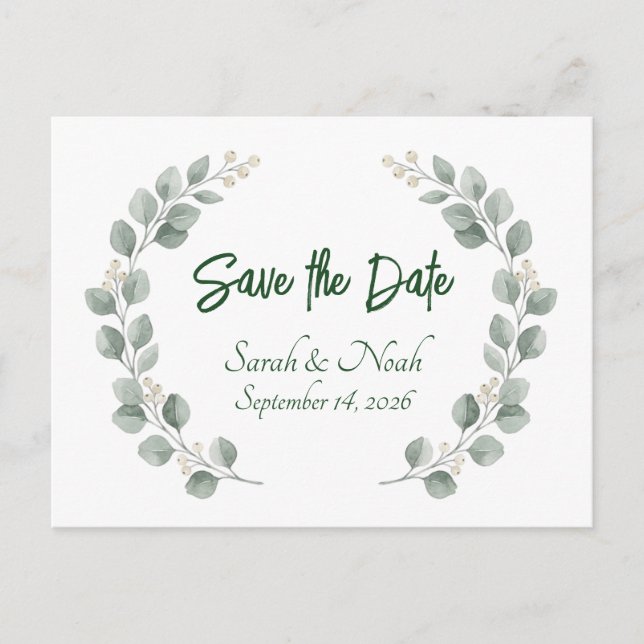 Cartão Postal De Anúncio Minimalist Eucalyptus Wreath Save the Date custom (Frente)